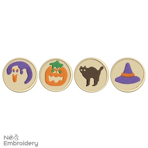 May include: Four embroidered iron-on patches with Halloween themes. The patches are round and feature a ghost, a jack-o-lantern, a black cat, and a witch's hat.