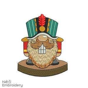 May include: A cartoon nutcracker with a green and black hat, red and gold uniform, and a brown beard. He is standing on a brown platform.