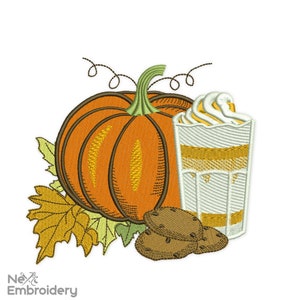 Motif de broderie citrouille épicée, citrouille d&#39;action de grâces automne automne avec biscuit et café au lait, motifs de broderie automne, panier effrayant