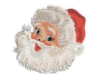 Könnte beinhalten: Stickerei mit dem Gesicht des Weihnachtsmanns mit weißem Bart und roter Mütze. Das Design ist perfekt für Weihnachtsbastelarbeiten und -projekte.