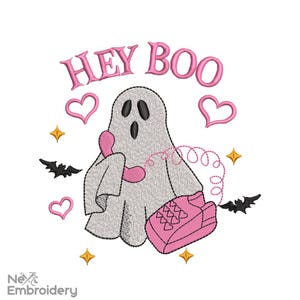 May include: Pink and white embroidery design of a ghost holding a pink phone with the text "Hey Boo" above it. There are hearts and stars around the ghost.