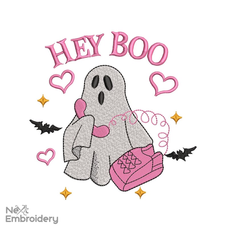 May include: Pink and white embroidery design of a ghost holding a pink phone with the text "Hey Boo" above it. There are hearts and stars around the ghost.
