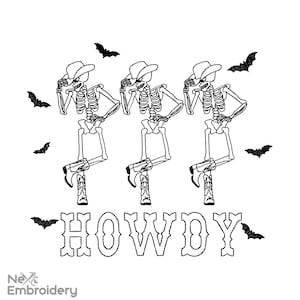 Halloween Howdy Embroidery Design. Halloween Dancing Skeleton Western Embroidery. Halloween Cowboy Machine Embroidery, Halloween Cow Tee,