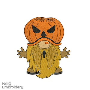 May include: An orange and brown gnome wearing a jack-o'-lantern hat with a scary face. The gnome has a long, bushy beard and is wearing brown boots.