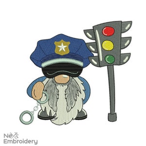 May include: A blue and white gnome wearing a police hat and holding handcuffs stands next to a traffic light with red, yellow, and green lights.
