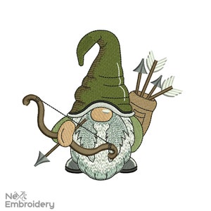 May include: A green gnome with a white beard and a green hat holds a bow and arrow. The gnome is wearing brown boots and has a quiver of arrows on its back.