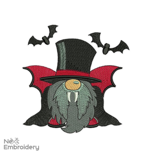 Halloween Gnome Dracula Embroidery Design. Cute Autumn Fall Gnome Machine embroidery design. Halloween Party. 4 sizes. Instant Download