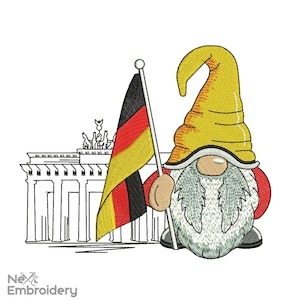 May include: A cartoon gnome holding a German flag in front of the Brandenburg Gate. The gnome is wearing a yellow hat and a red shirt.