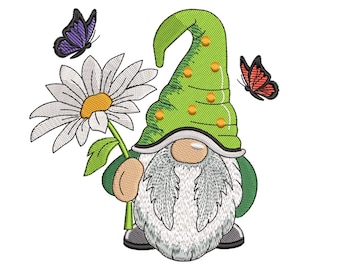 Spring Gnome Embroidery Design, Daisy and Butterfly (Instant Download)
