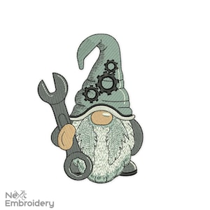 May include: A gray gnome with a blue hat and a gray wrench. The hat has three black gears on it.