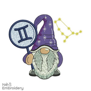 Gemini Gnome Embroidery Design. Projekty haftu horoskopu zodiaku, plik do haftu maszynowego, natychmiastowe pobranie