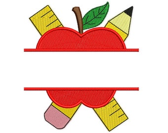 Back to School Apfel und Lineal Stickdatei. Stickdatei für die Stickmaschine. 3 Größen. Sofort Download