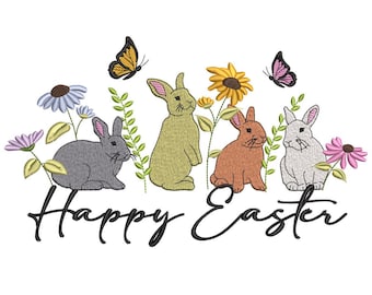 Motif de broderie joyeux lapin de Pâques, lapin de printemps (téléchargement instantané)