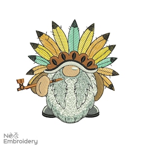 May include: Embroidered design of a gnome wearing a headdress with feathers in shades of yellow, orange, and blue. The gnome is holding a pipe in its hand.