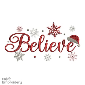 May include: A festive design with the word "Believe" in red script, accompanied by snowflakes and a Santa hat. The design includes red, silver, and white elements, perfect for holiday-themed crafts and decorations.
