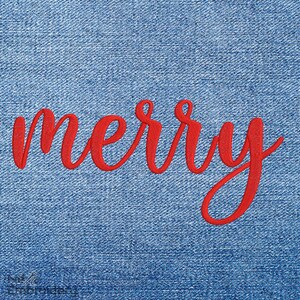 May include: Red embroidered "merry" text on a blue denim background.