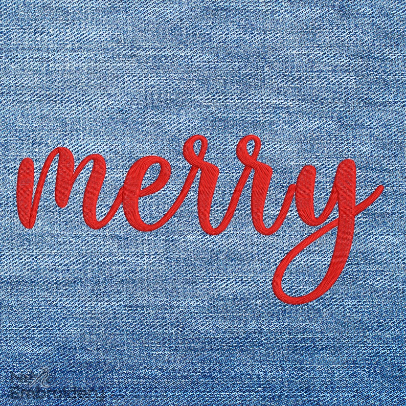 May include: Red embroidered "merry" text on a blue denim background.