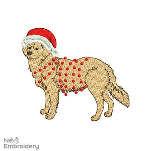May include: A golden retriever dog wearing a red Santa hat and a string of red Christmas lights around its neck.
