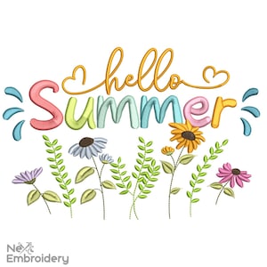 Hallo Sommer Stickdatei. Blumen Stickdatei, sofortiger Download