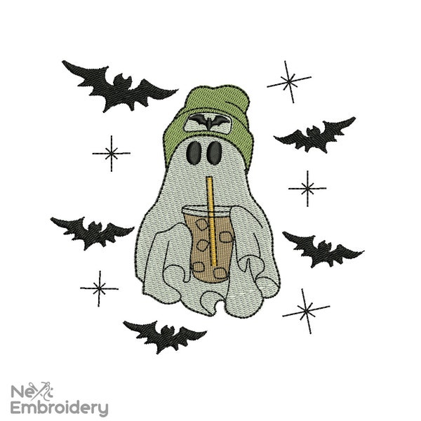 Halloween Ghost with Ice Coffee Embroidery Design, Beanie Boho Ghost Embroidery Design, Boo Embroidery, Ice Coffee Machine Embroidery Files,