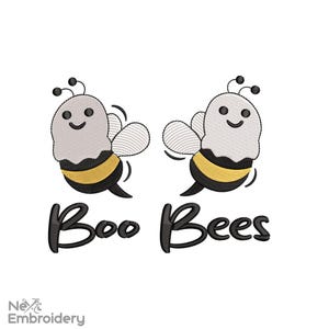 May include: Two cartoon bees with ghost-like bodies, black and yellow stripes, and smiling faces. The text "Boo Bees" is written in a playful font below the bees. The design is on a white background.