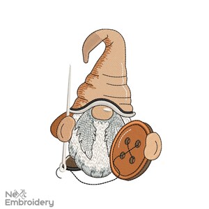 May include: Embroidered design of a gnome wearing a brown hat and holding a large brown button. The gnome has a white beard and is holding a needle and thread.