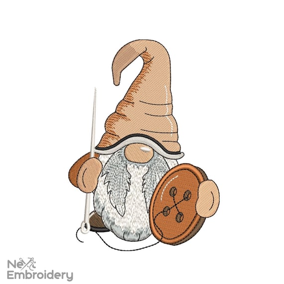 Sew Gnome Embroidery Design, Sewing Button Embroidery Designs, Instant Download