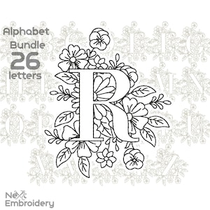 Diseño de bordado de alfabeto floral, diseño de bordado de letras con flores, monograma floral, descarga instantánea