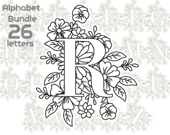 Bloemen alfabetborduurontwerp: lettermonogram (directe download)