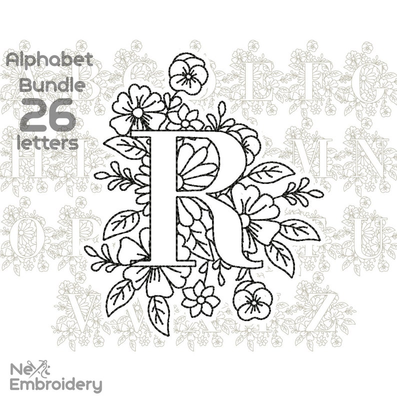 Floral Alphabet Embroidery Design, Letter Embroidery Design with Flowers, Floral Monogram, Instant Download image 1