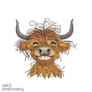 Lustige Highland Kuh Stickdatei, süsses Lächeln auf dem Bauernhof Stickmuster, Sofortdownload
