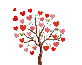 Diseño de bordado de árbol con corazones, Día de San Valentín (Descarga instantánea)
