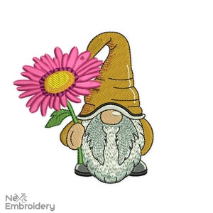 May include: A cartoon gnome with a yellow hat and a white beard holds a pink flower with a yellow center.