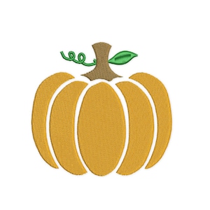 Pode incluir: Uma abóbora de estilo de desenho animado simples com um caule e uma folha verdes. A abóbora é laranja e tem uma aparência ligeiramente texturizada.