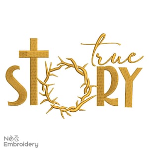 Pode incluir: Design de bordado dourado com as palavras "true story" com uma cruz e uma coroa de espinhos.