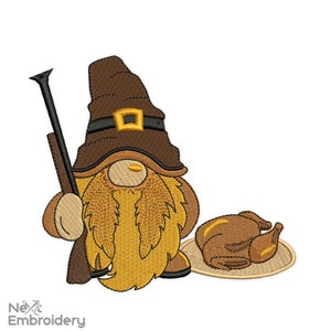 May include: A brown gnome with a long, yellow beard and a brown hat with a gold buckle. The gnome is holding a brown rifle and standing next to a brown roasted turkey on a brown platter.
