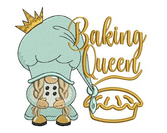 May include: A cute gnome wearing a chef's hat and holding a pie. The gnome is wearing a light blue outfit and has blonde braids. The text "Baking Queen" is written in gold above the gnome.