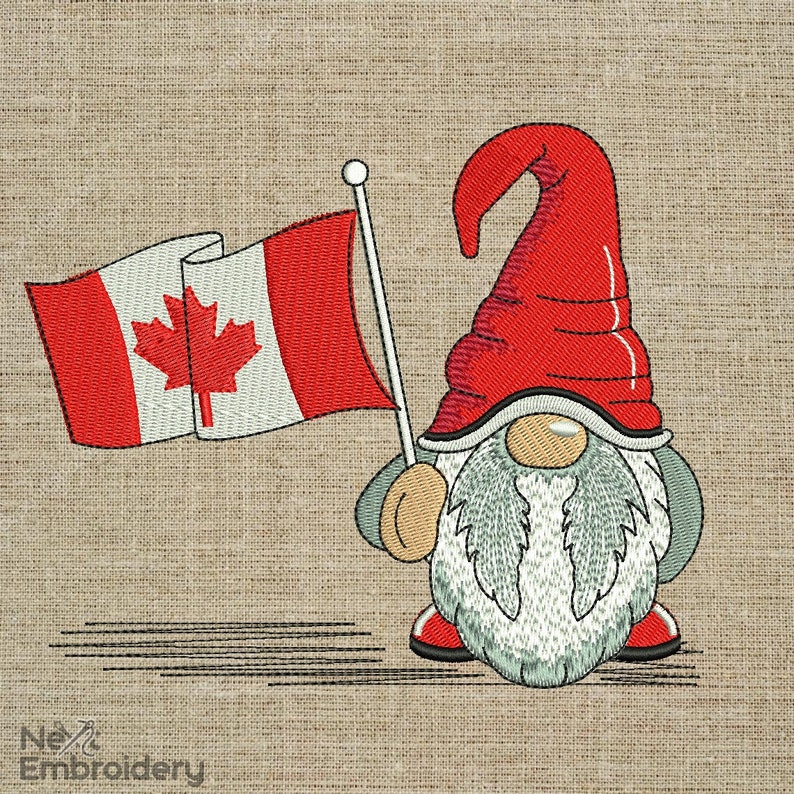 May include: A gnome wearing a red hat and holding a Canadian flag. The gnome has a white beard and is wearing red shoes.
