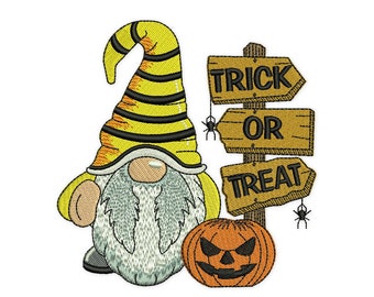 Halloween Gnome Embroidery Design, Trick or Treat Embroidery Design, Pumpkin machine embroidery file.
