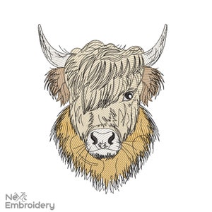 Disegno ricamo mucca delle Highlands, disegno ricamo arte lineare, disegno ricamo macchina minimalista