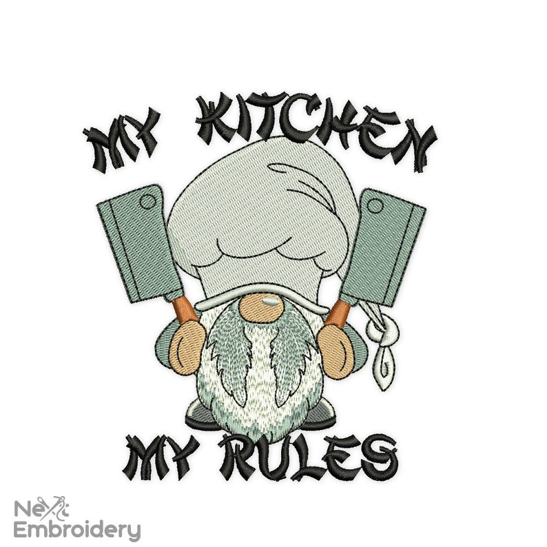 Op de afbeelding: Een cartoon-dwerg met een koksmuts en twee slagersmessen in zijn handen. De tekst "My Kitchen My Rules" staat rond de dwerg.