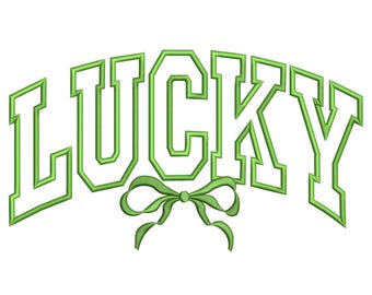 May include: Green embroidery design of the word "LUCKY" in a varsity style font with a green bow underneath.
