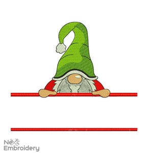 May include: A green and red gnome with a white beard peeking over a red line. The gnome has a green pointed hat with a white pom-pom.