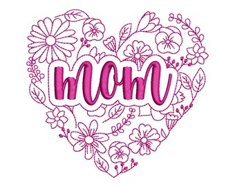 May include: Pink embroidery design of a heart with floral details and the word "MOM" inside.
