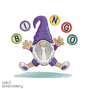 May include: A purple gnome with a white beard is jumping in the air. The gnome is holding five colorful balls with the letters B, I, N, G, and O on them.