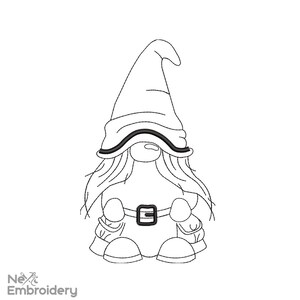 May include: Line art illustration of a gnome wearing a tall hat, long beard, and a belt with a square buckle. The gnome has a round nose and is holding its hands in front of it. The image is in black and white.
