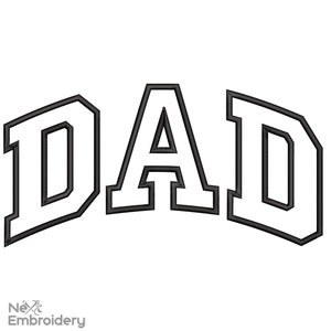 May include: Black and white embroidery design of the word "DAD" in a bold, blocky font.