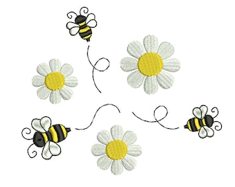 Bumble Bee and Daisies Embroidery Design, Retro Embroidery Design, Instant Download