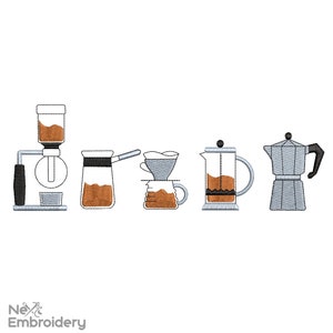 May include: Five different coffee brewing methods are illustrated: a siphon coffee maker, a pour-over coffee maker, a French press, a percolator, and a moka pot.