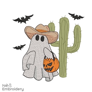 Puede incluir: Un fantasma blanco con un sombrero de vaquero marrón y sosteniendo un cubo de calabaza, de pie junto a un cactus verde.